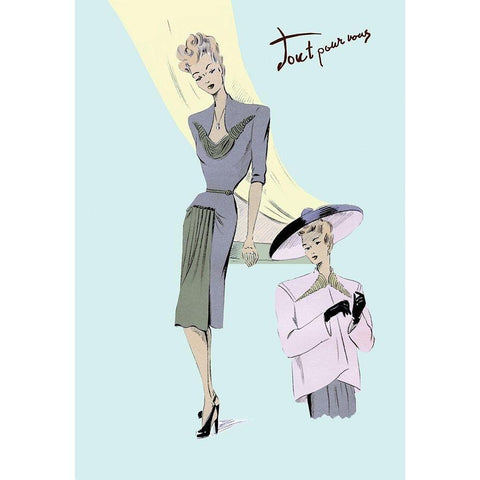 Sophisticated Dress, Hat, and Jacket, 1947 Gold Ornate Wood Framed Art Print with Double Matting by Unknown