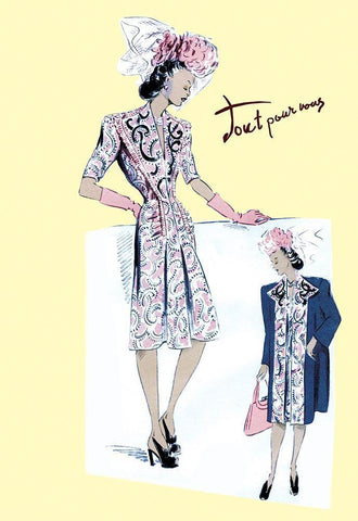 Paisley Dress with Hat, Gloves and Jacket, 1947 White Modern Wood Framed Art Print with Double Matting by Unknown