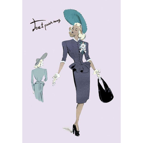 Classy Suit Dress with Hat and Bag, 1947 Black Modern Wood Framed Art Print with Double Matting by Unknown