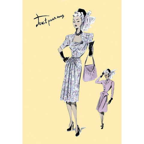Fashionable Dress with Bag and Hat, 1947 Gold Ornate Wood Framed Art Print with Double Matting by Unknown