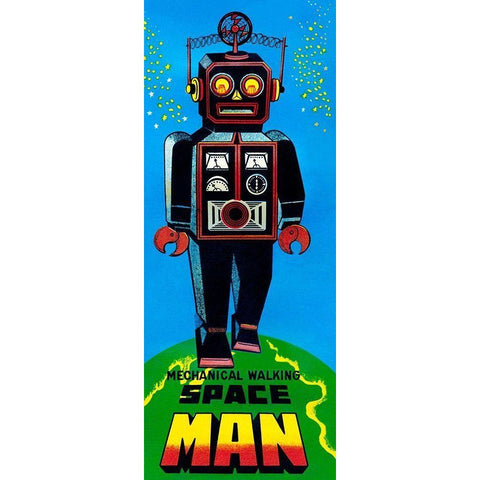 Mechanical Walking Space Man Black Modern Wood Framed Art Print with Double Matting by Retrobot