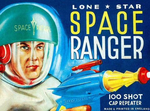 Lone Star Space Ranger 100 Shot Cap Repeater Black Ornate Wood Framed Art Print with Double Matting by Retrobot