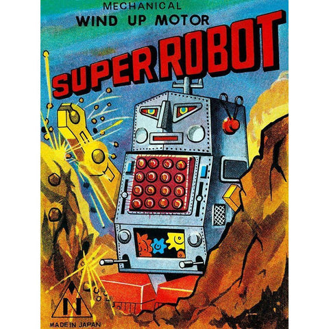 Super Robot Black Modern Wood Framed Art Print with Double Matting by Retrobot