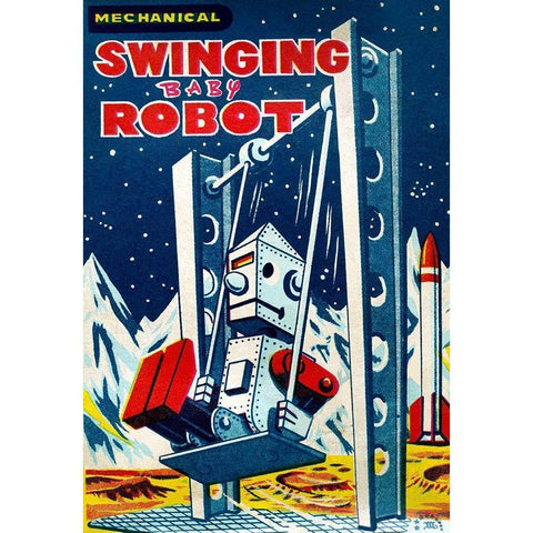 Swinging Baby Robot Gold Ornate Wood Framed Art Print with Double Matting by Retrobot