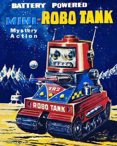 Mini-Robo Tank Black Ornate Wood Framed Art Print with Double Matting by Retrobot