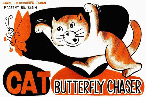 Cat Butterfly Chaser White Modern Wood Framed Art Print with Double Matting by Unknown