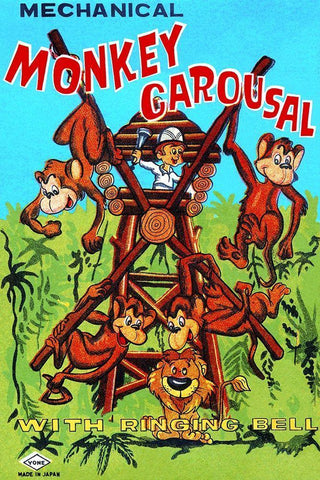 Mechanical Monkey Carousal Black Ornate Wood Framed Art Print with Double Matting by Retrobot