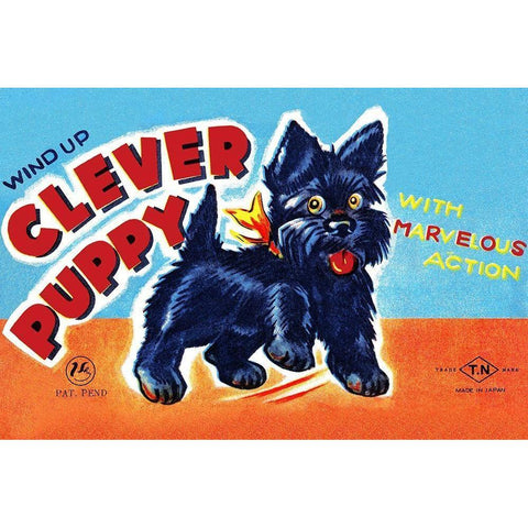 Wind Up Clever Puppy Black Modern Wood Framed Art Print with Double Matting by Retrobot