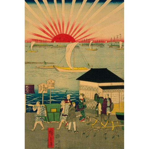 Famous places in Tokyo: real view of Takanawa #2 Featuring the Rising Sun. Black Modern Wood Framed Art Print with Double Matting by Hiroshige, Utagawa