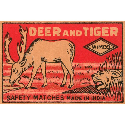 Deer and Tiger Safety Matches White Modern Wood Framed Art Print by Phillumenart