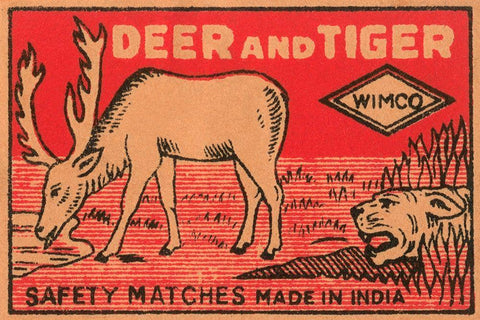 Deer and Tiger Safety Matches Black Ornate Wood Framed Art Print with Double Matting by Phillumenart