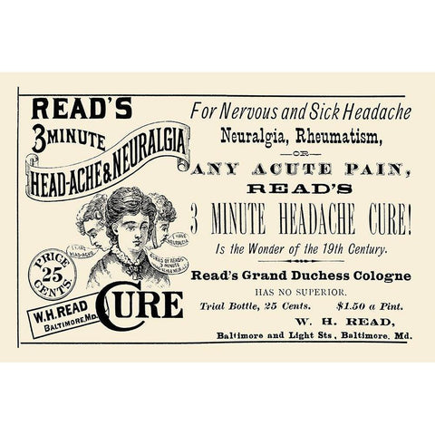 Reads 3 minute Head-Ache and Neuralgia Cure Gold Ornate Wood Framed Art Print with Double Matting by Advertisement