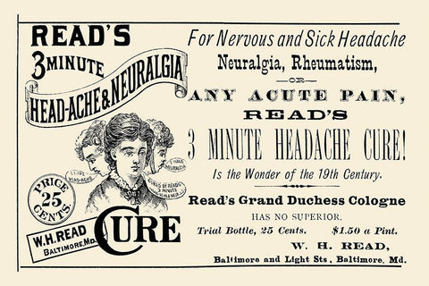 Reads 3 minute Head-Ache and Neuralgia Cure Black Ornate Wood Framed Art Print with Double Matting by Advertisement