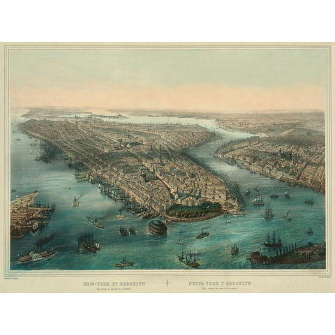 Birds-eye view of Manhattan, New York Black Modern Wood Framed Art Print with Double Matting by Unknown