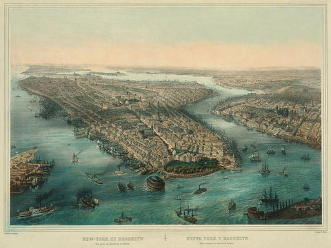 Birds-eye view of Manhattan, New York Black Ornate Wood Framed Art Print with Double Matting by Unknown