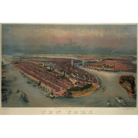 Birds-eye view of Manhattan, New York Gold Ornate Wood Framed Art Print with Double Matting by Unknown