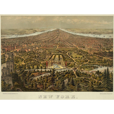 Birds-eye view of Manhattan, New York Gold Ornate Wood Framed Art Print with Double Matting by Unknown