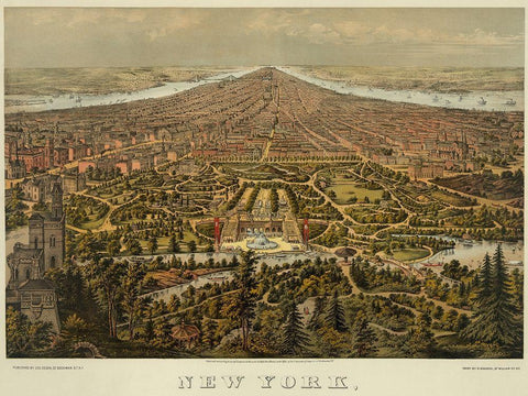 Birds-eye view of Manhattan, New York Black Ornate Wood Framed Art Print with Double Matting by Unknown