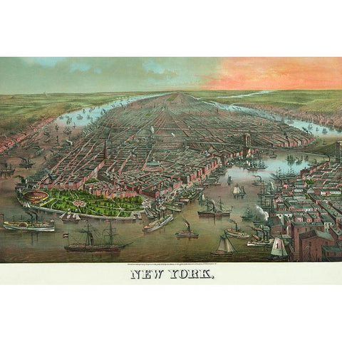 Birds-eye view of Manhattan, New York Gold Ornate Wood Framed Art Print with Double Matting by Unknown