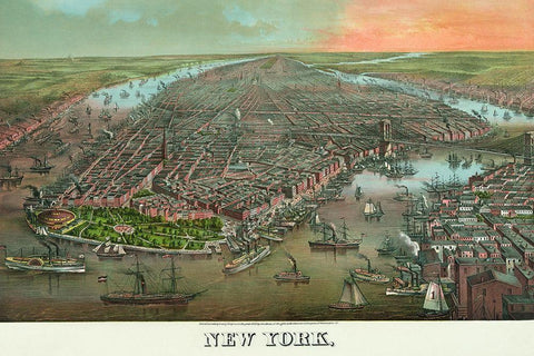 Birds-eye view of Manhattan, New York Black Ornate Wood Framed Art Print with Double Matting by Unknown