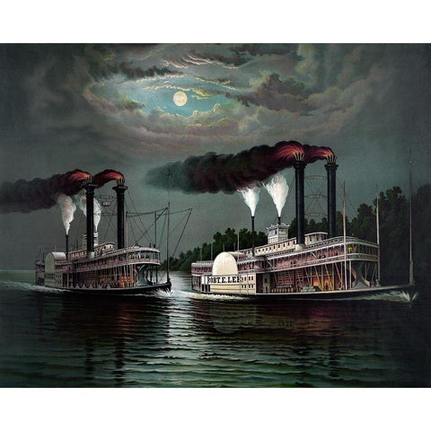 Race of the steamers Robert. E. Lee and Natchez on the Mississippi Black Modern Wood Framed Art Print with Double Matting by Donaldson