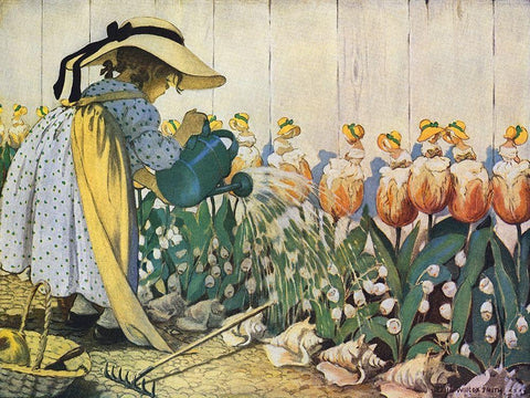 Flowers Being Watered - Mary, Mary Black Ornate Wood Framed Art Print with Double Matting by Smith, Jesse Willcox