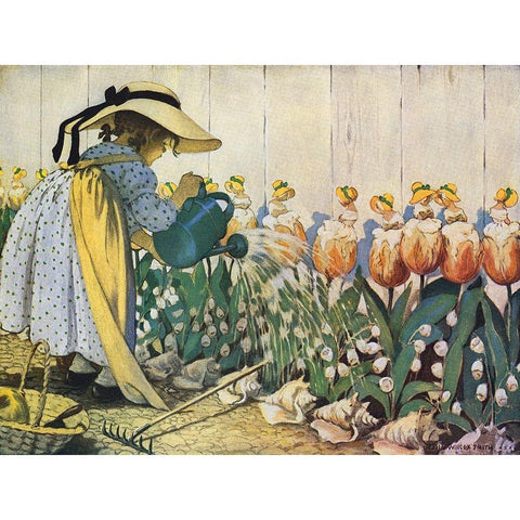 Flowers Being Watered - Mary, Mary White Modern Wood Framed Art Print by Smith, Jesse Willcox