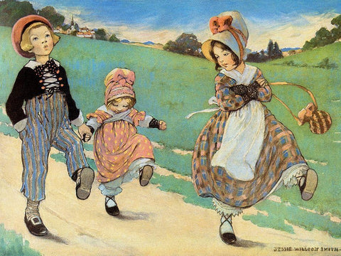 Three Children to London - One foot up One foot down White Modern Wood Framed Art Print with Double Matting by Smith, Jesse Willcox