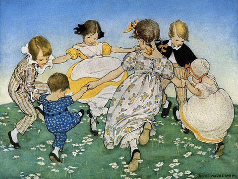 Girls in Circle - Ring Around the Rosie White Modern Wood Framed Art Print with Double Matting by Smith, Jesse Willcox