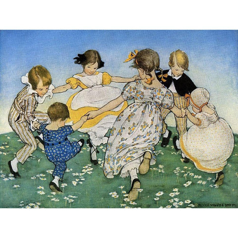 Girls in Circle - Ring Around the Rosie Gold Ornate Wood Framed Art Print with Double Matting by Smith, Jesse Willcox