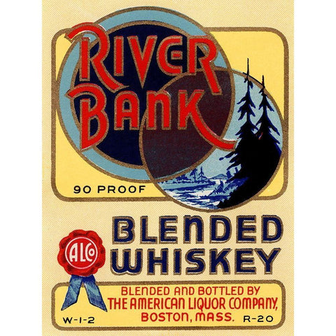 River Bank Blended Whiskey White Modern Wood Framed Art Print by Vintage Booze Labels