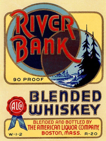 River Bank Blended Whiskey Black Ornate Wood Framed Art Print with Double Matting by Vintage Booze Labels