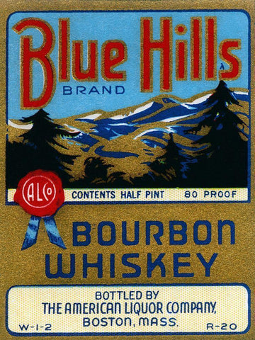 Blue Hills Bourbon Whiskey Black Ornate Wood Framed Art Print with Double Matting by Vintage Booze Labels