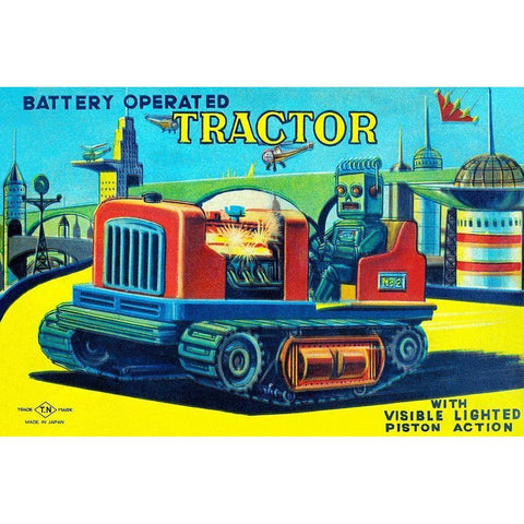 Battery Operated Tractor Black Modern Wood Framed Art Print with Double Matting by Retrotrans