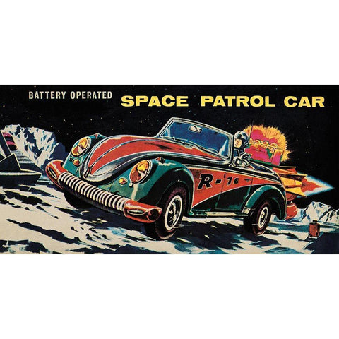 Battery Operated Space Patrol Car Black Modern Wood Framed Art Print by Retrotrans