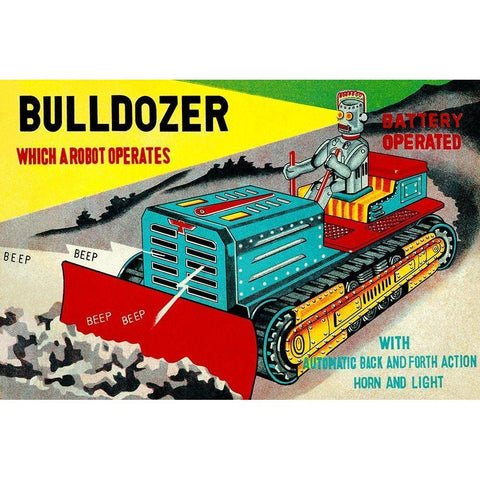 Bulldozer Which a Robot Operates White Modern Wood Framed Art Print by Retrotrans