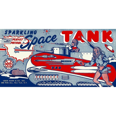 Planet Patrol Sparkling Space Tank White Modern Wood Framed Art Print by Retrotrans