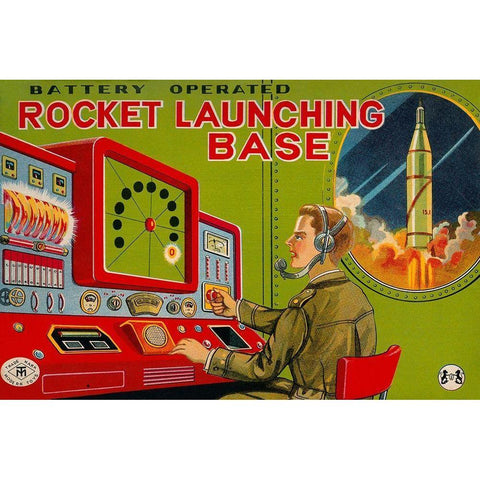 Rocket Launching Base Black Modern Wood Framed Art Print by Retrobot