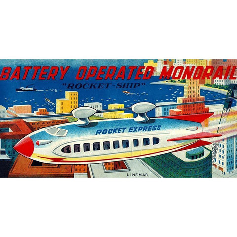 Battery Operated Monorail - Rocket Ship White Modern Wood Framed Art Print by Retrorocket