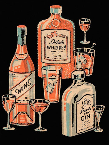 Whiskey, Wine and Gin White Modern Wood Framed Art Print with Double Matting by Vintage Booze Labels