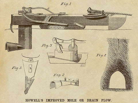 Howells Improved Mole or Drain Plow Black Ornate Wood Framed Art Print with Double Matting by Inventions