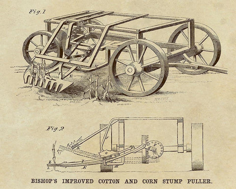 Bishops Improved Cotton and Corn Stump Puller Black Ornate Wood Framed Art Print with Double Matting by Inventions