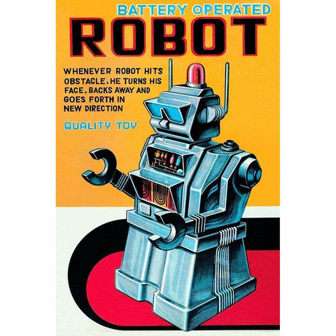 Battery Operated Robot Black Modern Wood Framed Art Print with Double Matting by Retrobot