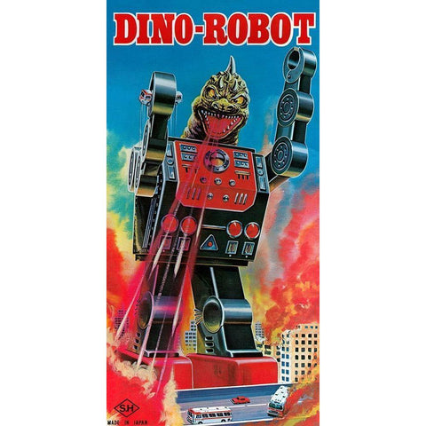 Dino-Robot Black Modern Wood Framed Art Print with Double Matting by Retrobot