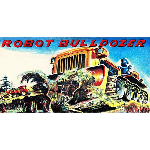 Robot Bulldozer Black Modern Wood Framed Art Print with Double Matting by Retrobot