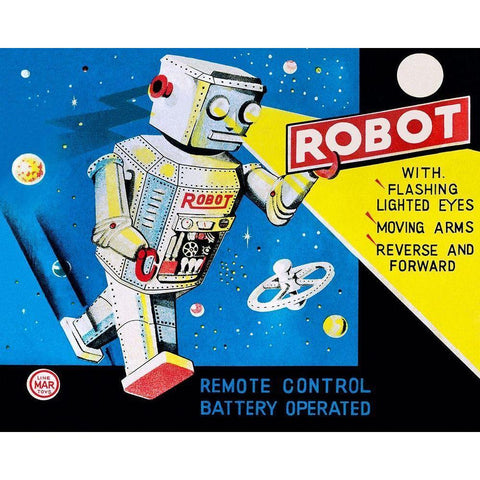 Robot with Flashing Lighted Eyes White Modern Wood Framed Art Print by Retrobot