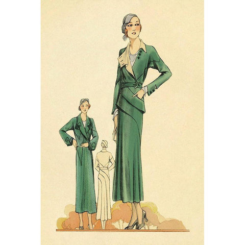 Green Dress and Overcoat Black Modern Wood Framed Art Print with Double Matting by Vintage Fashion