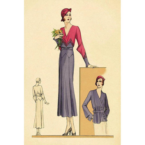 Sunday Dress in Periwinkle and Magenta White Modern Wood Framed Art Print by Vintage Fashion