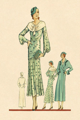 Daytime Dress in Fern with Overcoat White Modern Wood Framed Art Print with Double Matting by Vintage Fashion