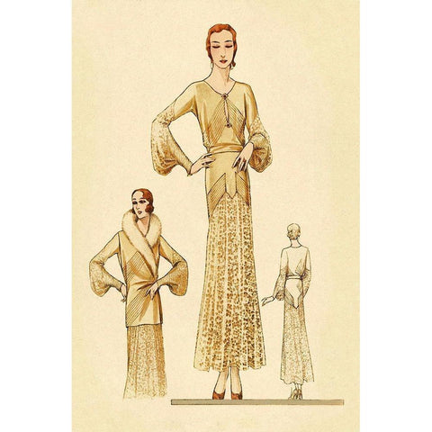 Winter Dress and Overcoat in Yellow Gold Ornate Wood Framed Art Print with Double Matting by Vintage Fashion